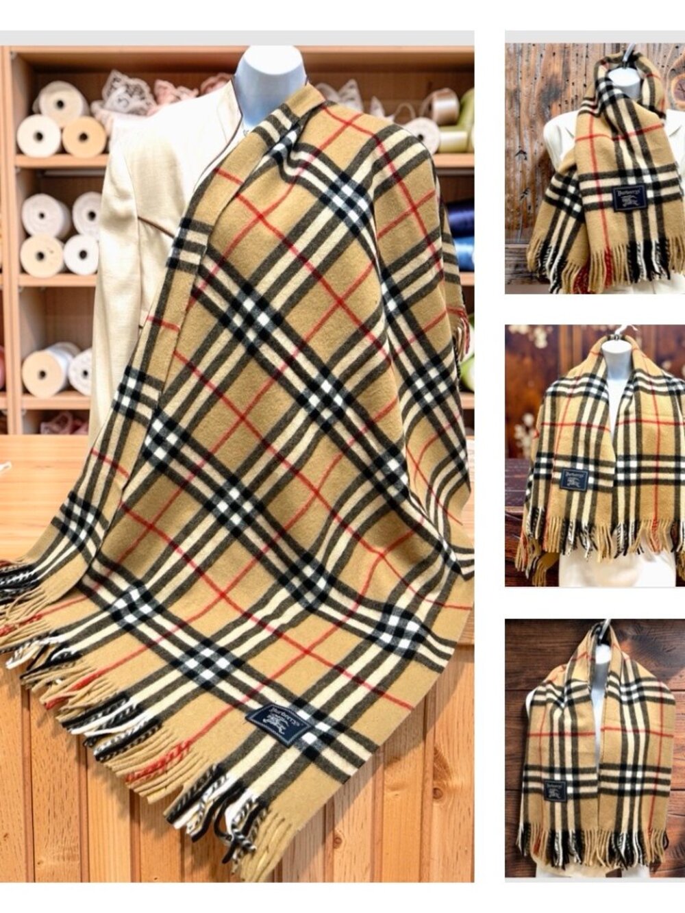 Vgt. Burberrys Scarf/Wrap WOOL Lg 54x33" gold gray red check Fringed (16